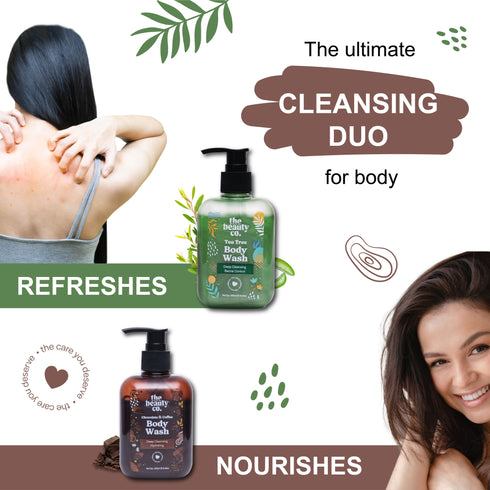 the beauty co Shower Routine Tea Tree and Choco Coffee Body Wash and Bergamot Essential Oil